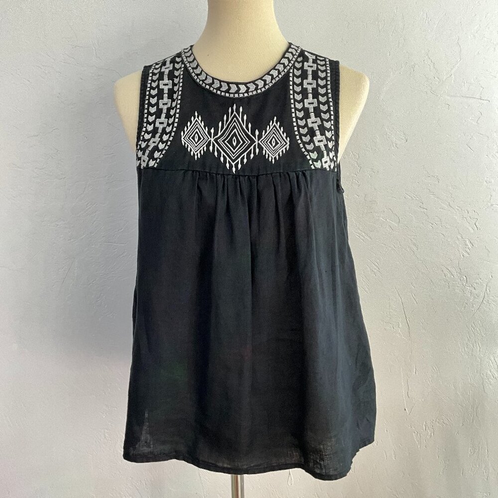 SOLD J.Crew Black Linen Tank Top – Size 8 – White Embroidered